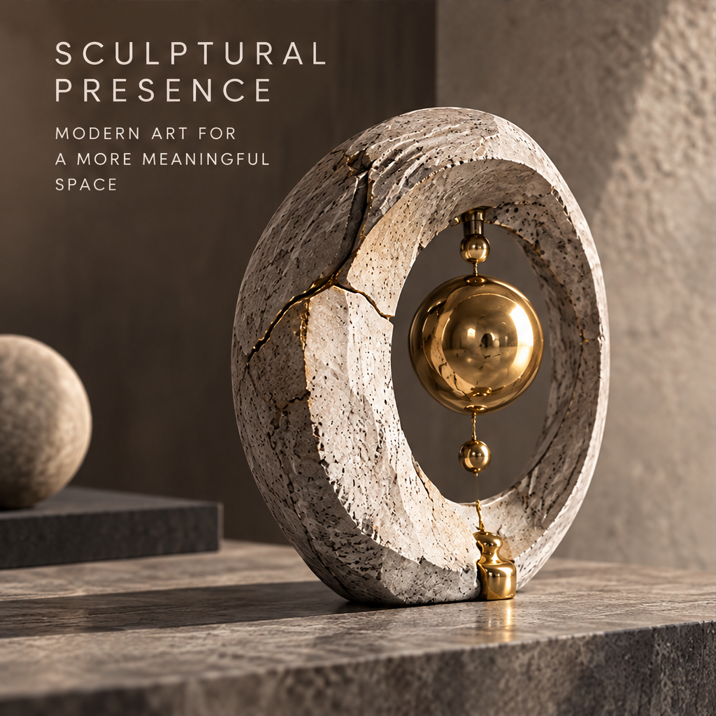 Time Reimagined close-up of cracked stone ring surface with gold orbital sphere and axis — exquisite craftsmanship, natural stone texture meets refined metal in perfect balance