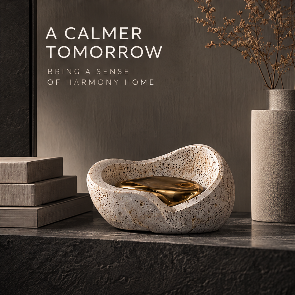 Sculpted Emotions stone bowl sculpture low-angle view in warm directional light — art for modern spaces, a presence that elevates any interior