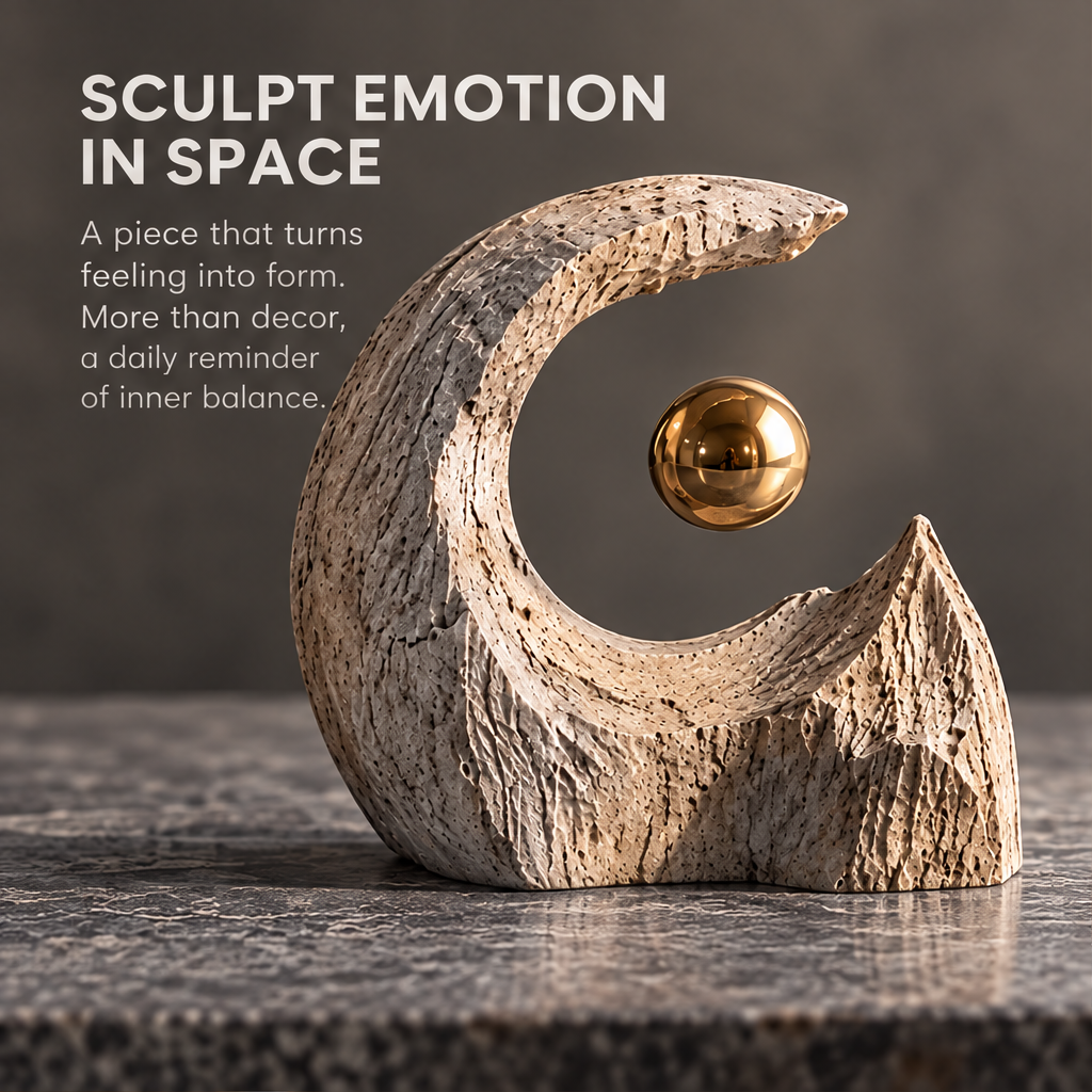 Sculpt Emotion in Space crescent moon stone sculpture with suspended gold sphere — side 45-degree view on stone surface
