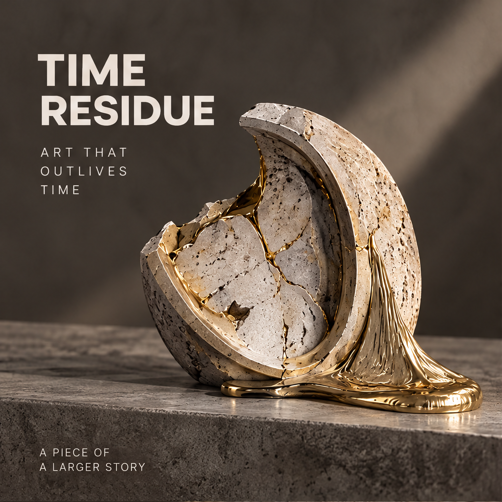 Time Residue cracked stone sphere sculpture with liquid gold flowing through fissures into a base — pure product side view