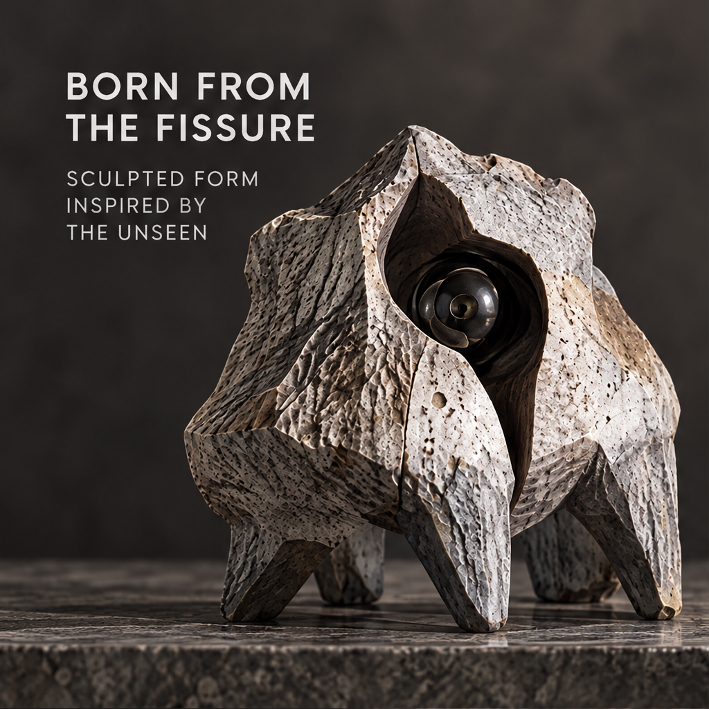 Fissure Form sculpture side-angle view showing multi-angle expression — every perspective reveals a new story