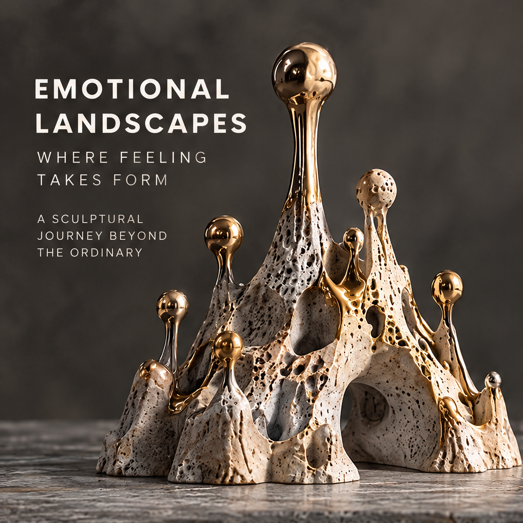 Emotional Landscapes golden spire sculpture displayed on a marble console beside a dried branch vase and dark ceramic bowl — a higher state of living