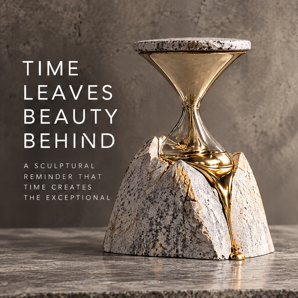Time Leaves Beauty Behind sculpture side view — a sculptural reminder that time creates the exceptional