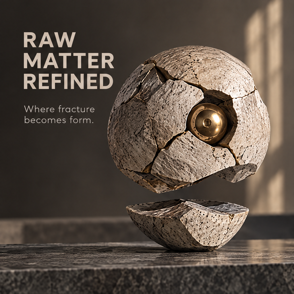 Raw Matter Refined cracked sphere sculpture front view — where fracture becomes form, raw stone exterior with polished brass-tone inner sphere
