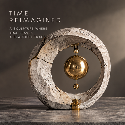 Time Reimagined stone ring and gold orbital sculpture front view — cracked stone circle framing three gold spheres on a vertical axis with gold base