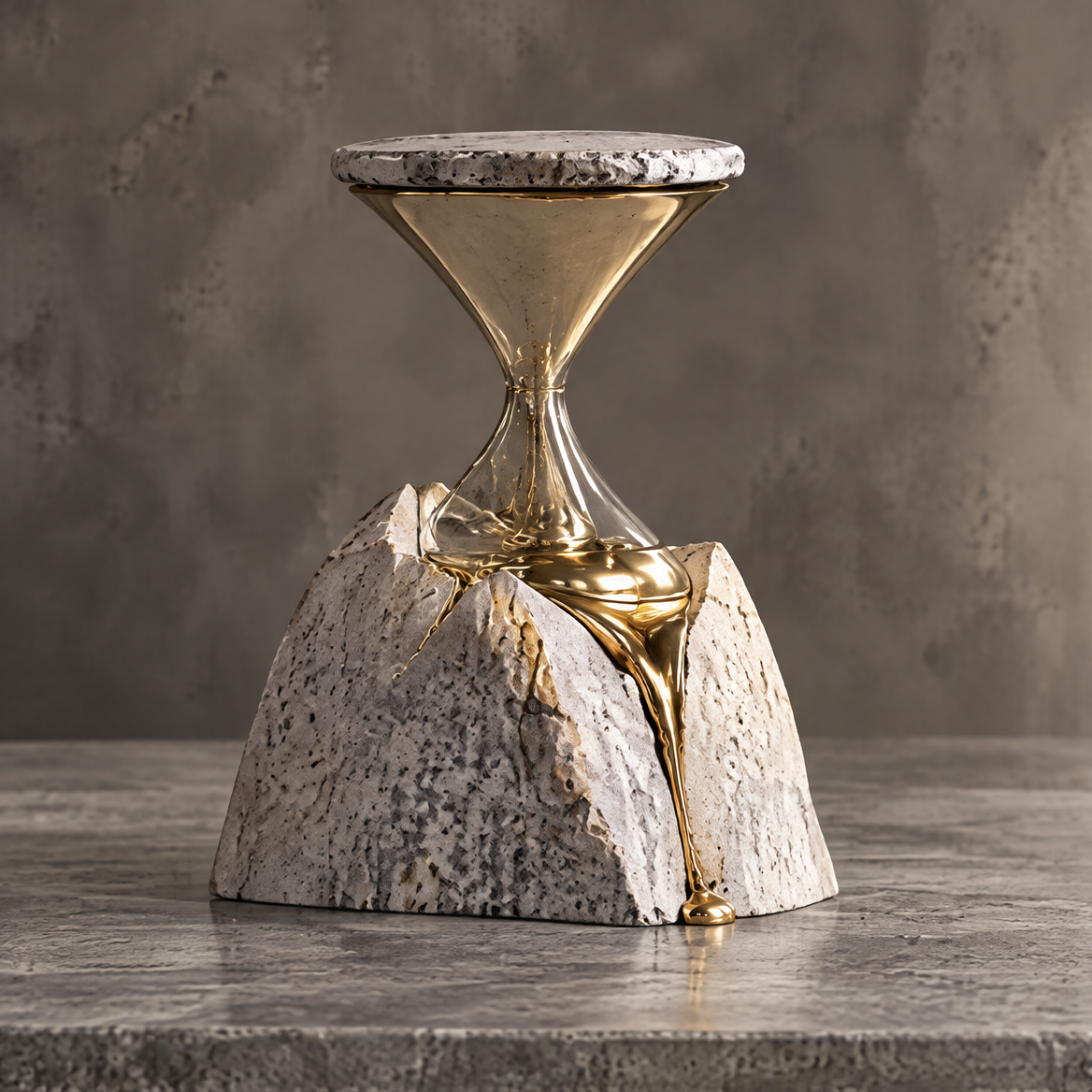 Time Leaves Beauty Behind hourglass stone and gold sculpture front view — gold liquid metal rising from cracked stone mountain base supporting a stone disc