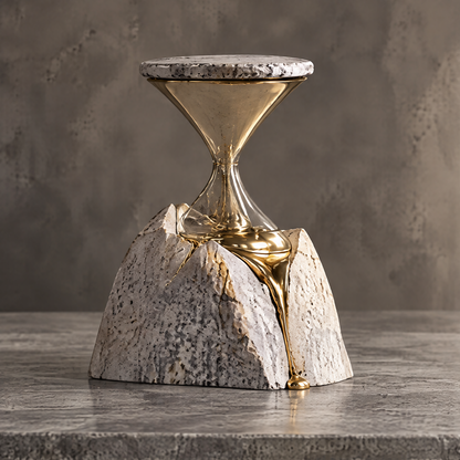 Time Leaves Beauty Behind hourglass stone and gold sculpture front view — gold liquid metal rising from cracked stone mountain base supporting a stone disc
