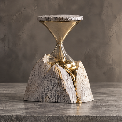 Time Leaves Beauty Behind hourglass stone and gold sculpture front view — gold liquid metal rising from cracked stone mountain base supporting a stone disc