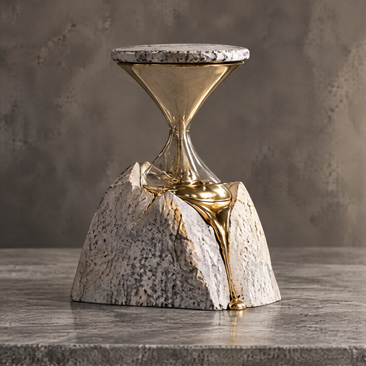 Time Leaves Beauty Behind hourglass stone and gold sculpture front view — gold liquid metal rising from cracked stone mountain base supporting a stone disc