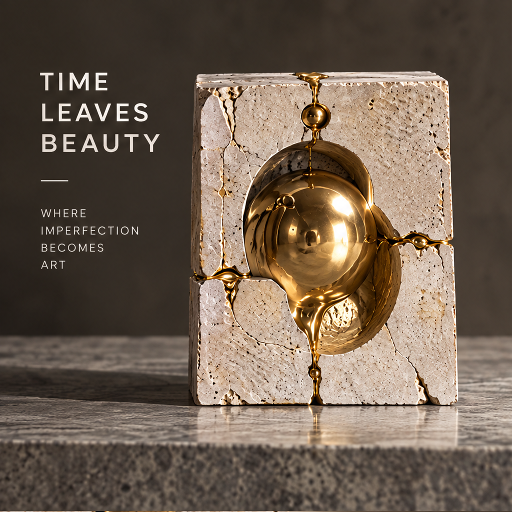 Time Leaves Beauty stone cube sculpture with gold sphere emerging from cracked centre and gold liquid along fracture lines — 45 degree front view