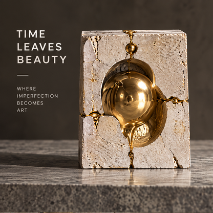 Time Leaves Beauty stone cube sculpture with gold sphere emerging from cracked centre and gold liquid along fracture lines — 45 degree front view