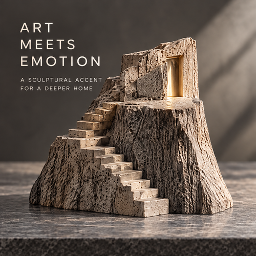 Art Meets Emotion stairway and golden door stone sculpture side view — raw stone cliff with carved staircase leading to a glowing gold-framed doorway