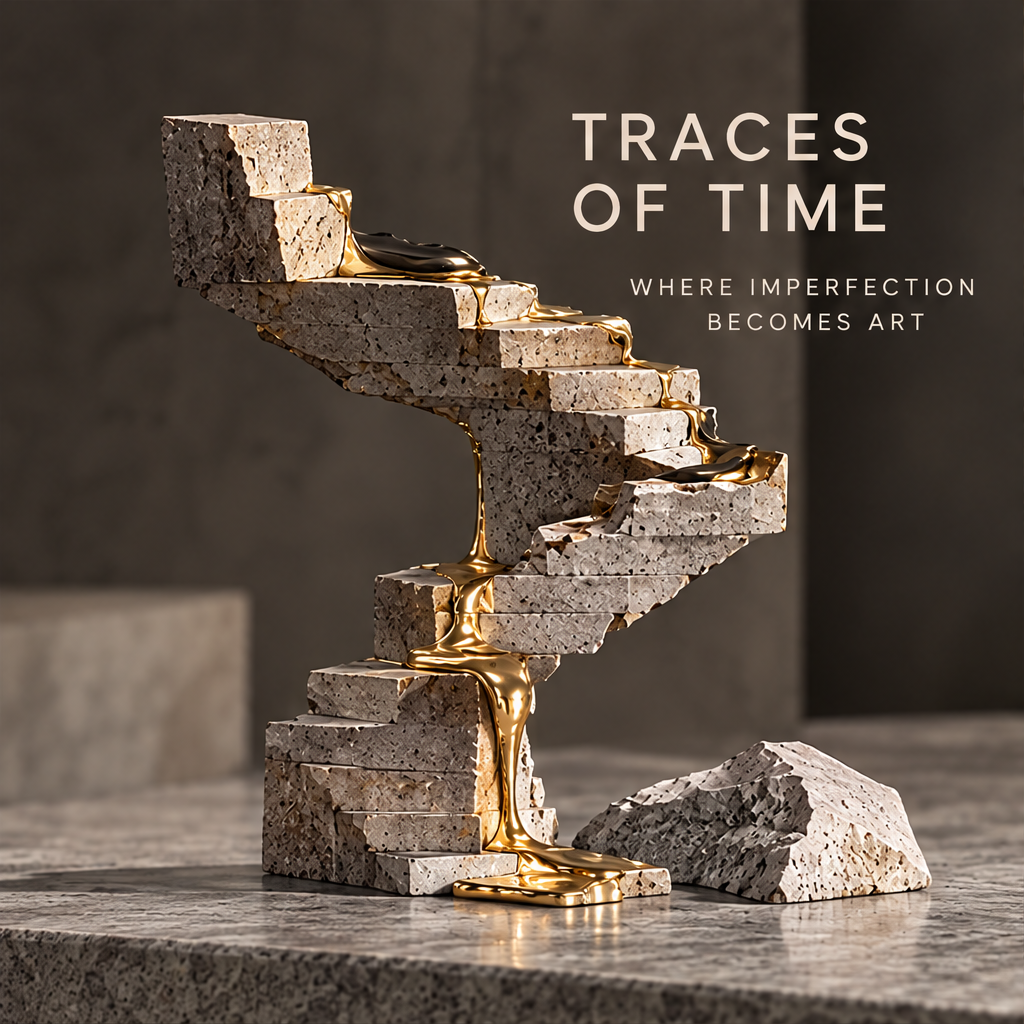 Traces of Time spiral staircase sculpture with liquid gold flowing between stone brick steps — full side view with scattered stone beside
