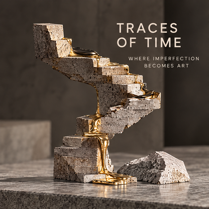 Traces of Time spiral staircase sculpture with liquid gold flowing between stone brick steps — full side view with scattered stone beside