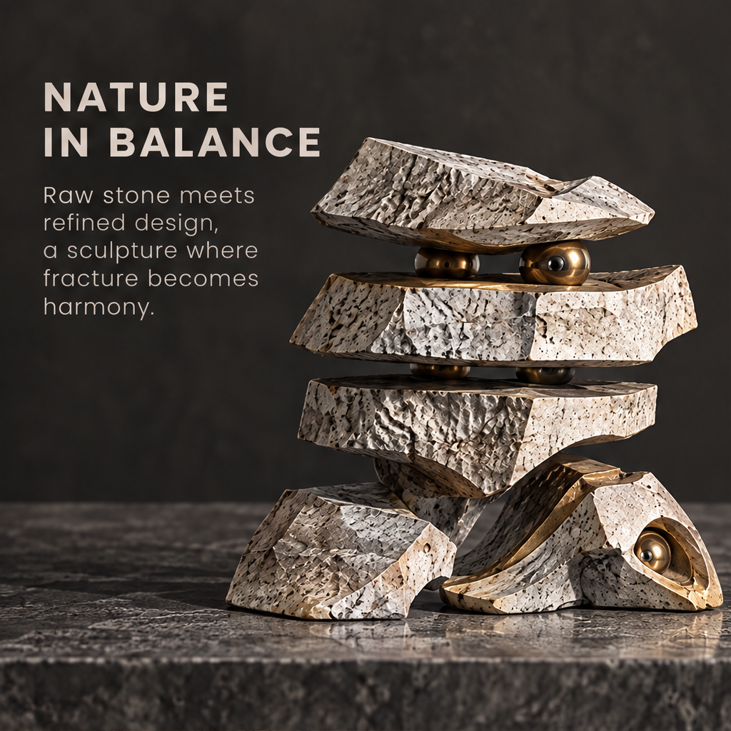 Nature in Balance stacked stone sculpture displayed on a marble console with ceramic bowl — a statement for modern spaces