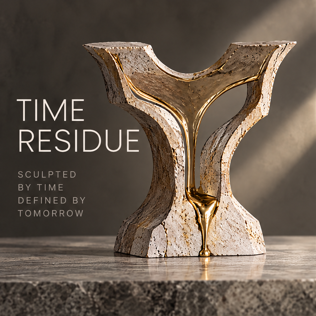 Time Residue stone arc sculpture with two sweeping arms and gold liquid flowing through interior channel to a drip at the base — pure product front view