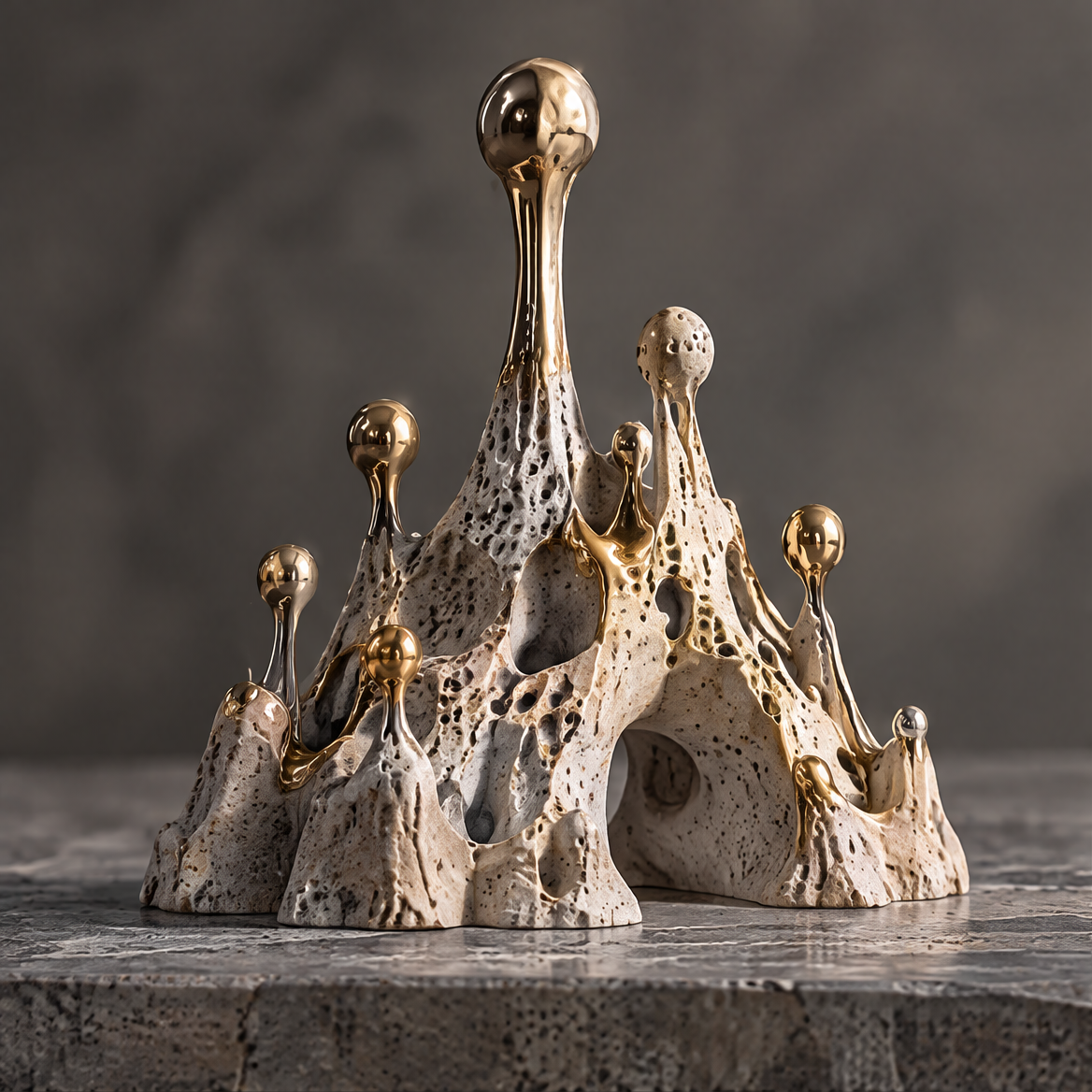 Emotional Landscapes golden spire abstract sculpture front view — gold-tone spires rising from a porous white stone base