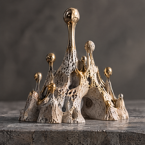 Emotional Landscapes golden spire abstract sculpture front view — gold-tone spires rising from a porous white stone base