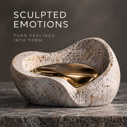 Sculpted Emotions organic stone bowl sculpture front view with gold-tone interior form — turn feelings into form