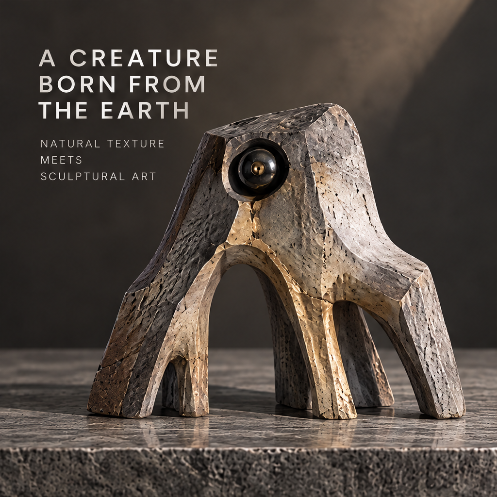 Earth Creature arch-form abstract stone sculpture front view — natural stone texture with metallic sphere eye detail