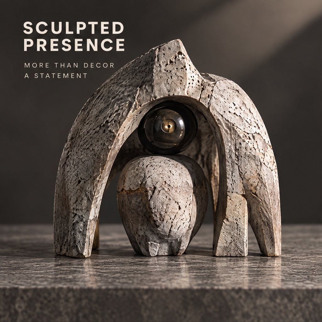 Sculpted Presence arch and sphere abstract stone sculpture front view — arching stone form cradling a dark metallic sphere