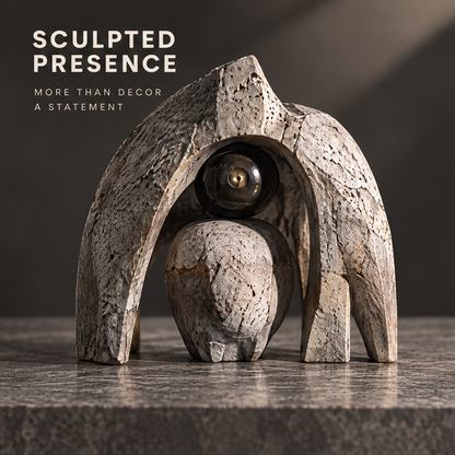 Sculpted Presence arch and sphere abstract stone sculpture front view — arching stone form cradling a dark metallic sphere
