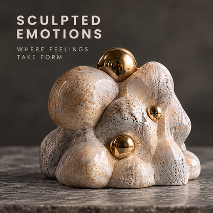 Sculpted Emotions cloud form stone sculpture side 45-degree view — rounded stone lobes with three polished gold spheres