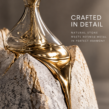 Time Leaves Beauty Behind close-up of liquid gold metal seeping through cracked stone and rising into the hourglass form — crafted in detail, natural stone meets refined metal