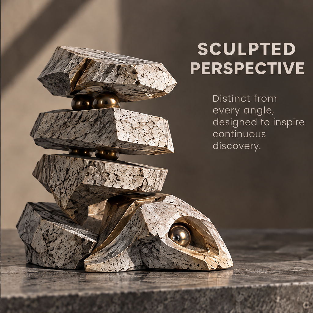 Nature in Balance sculpture side angle — sculpted perspective, distinct from every angle, designed to inspire continuous discovery