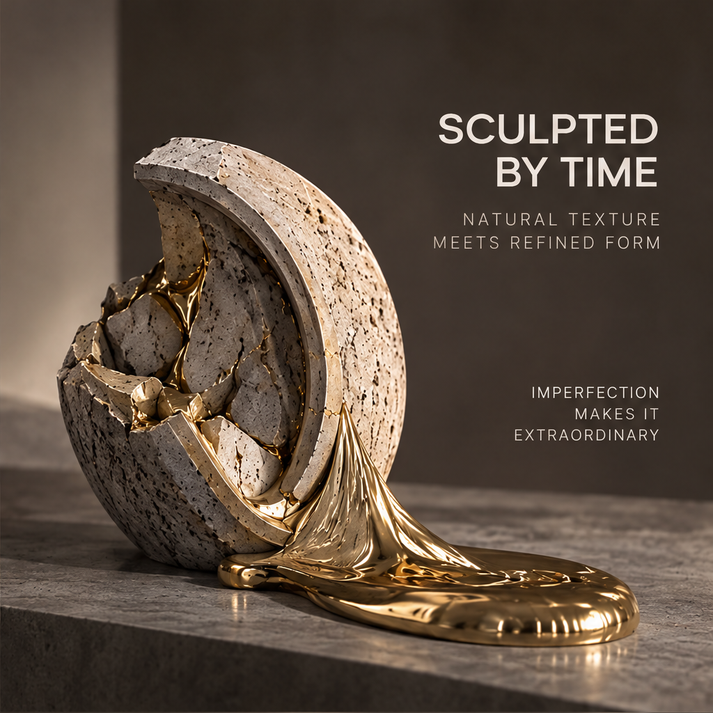 Time Residue sculpture side angle in warm directional light — sculpted by time, natural texture meets refined form, imperfection makes it extraordinary