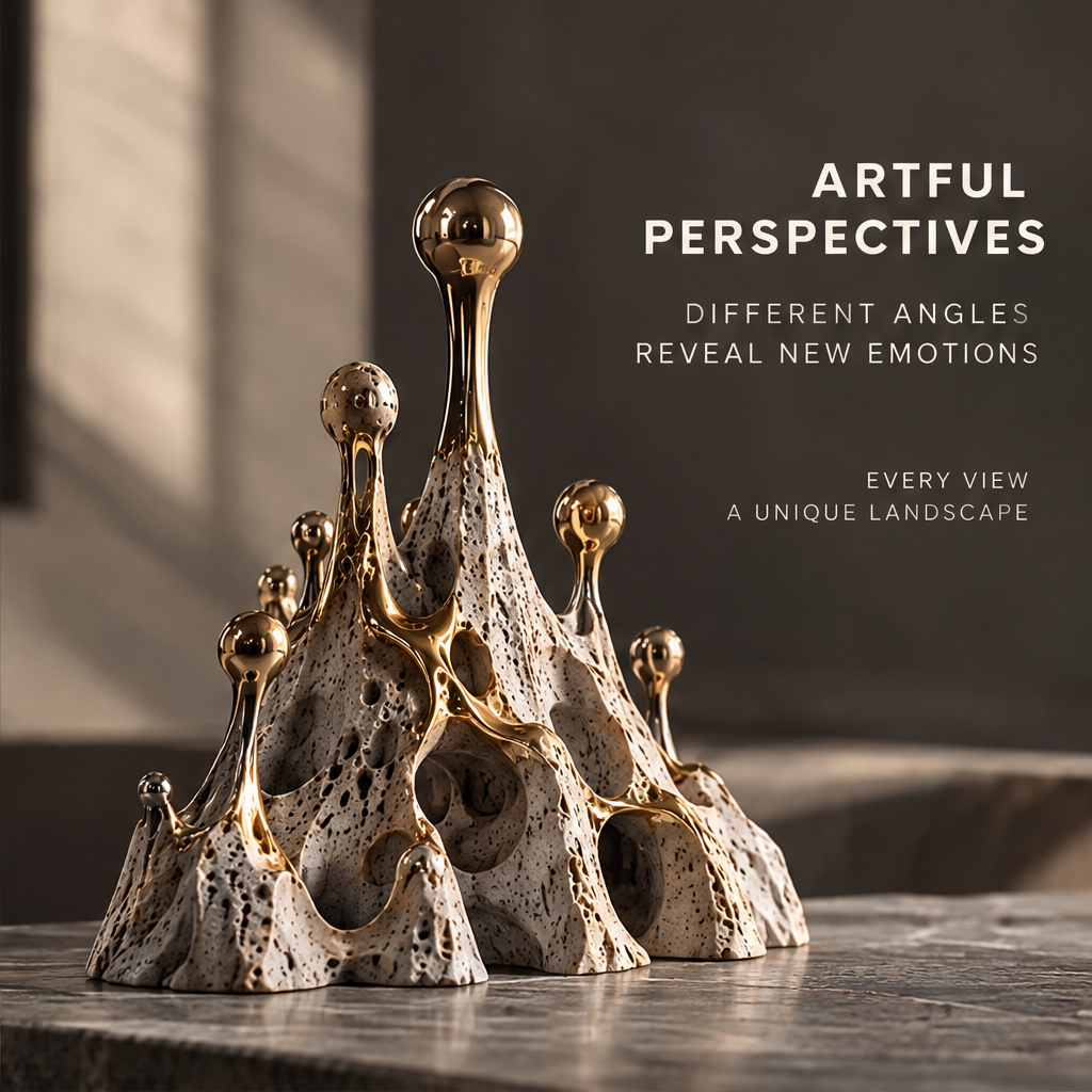 Emotional Landscapes sculpture low-angle side view in warm directional light — artful perspectives, different angles reveal new emotions