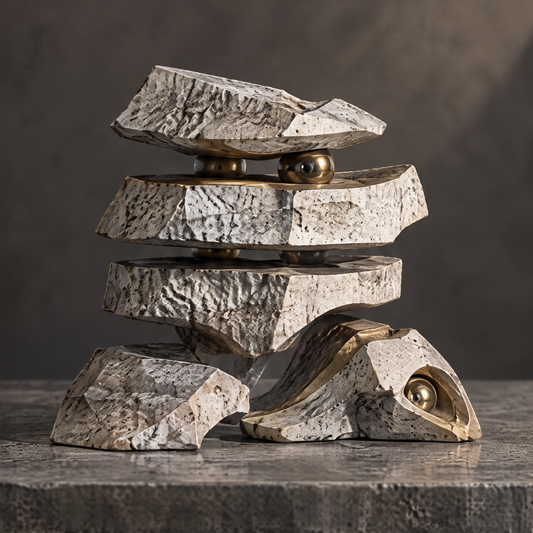 Nature in Balance stacked stone sculpture full product view — natural stone texture with metallic accents