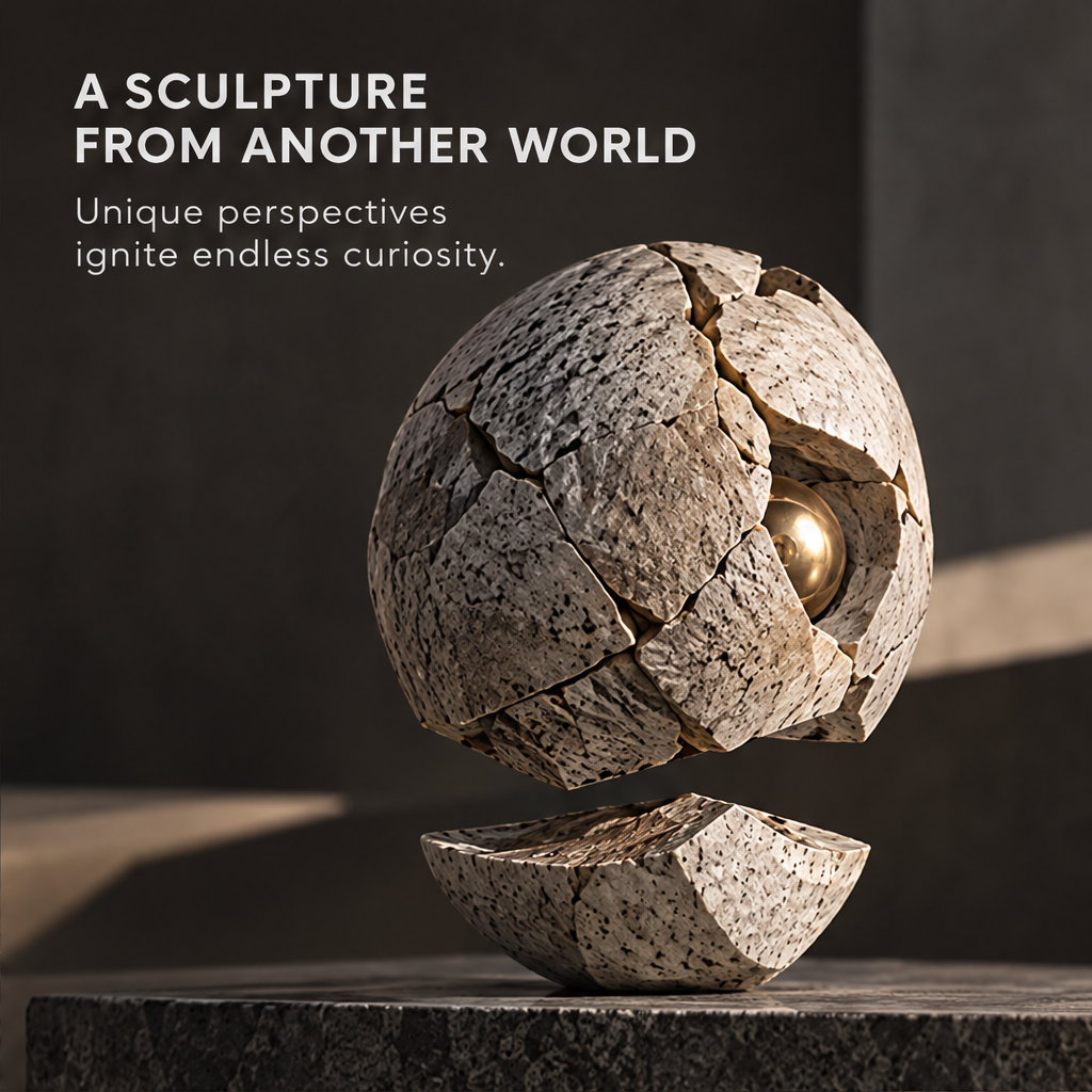 Raw Matter Refined cracked sphere sculpture side angle on stone pedestal — unique perspectives ignite endless curiosity