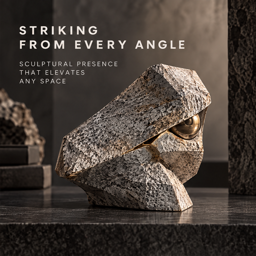 Born from the Fissure sculpture close-up of brass-tone sphere within stone fissure — crafted in detail, texture, form and light in perfect balance