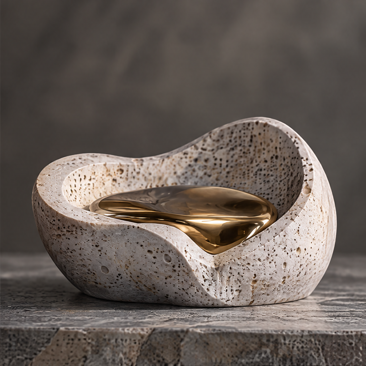 Sculpted Emotions close-up of polished gold-tone form within organic porous stone bowl — natural materials, timeless beauty in every detail