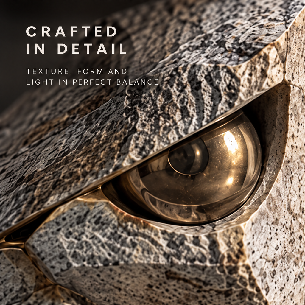 Born from the Fissure wedge sculpture in moody scene with other stone objects — striking from every angle, sculptural presence that elevates any space
