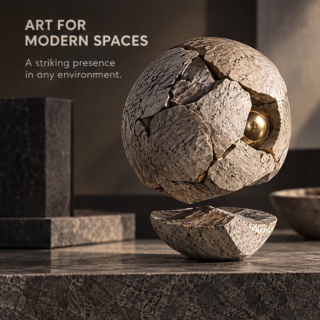 Raw Matter Refined cracked sphere sculpture displayed on a marble surface beside stone blocks and a ceramic bowl — art for modern spaces