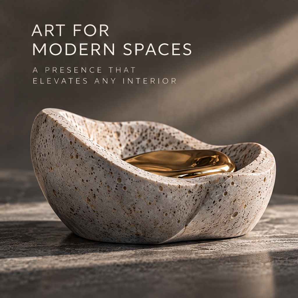 Sculpted Emotions stone bowl sculpture on a dark console beside stacked books and a ceramic vase — a calmer tomorrow, bring a sense of harmony home