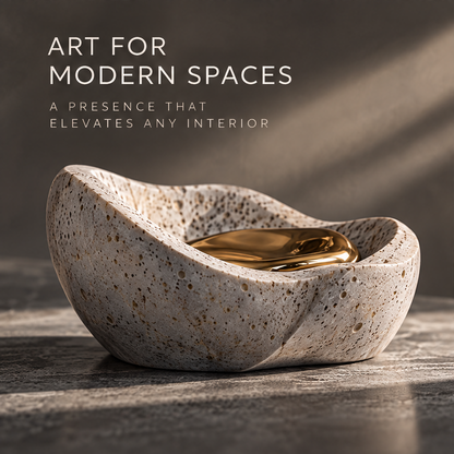Sculpted Emotions stone bowl sculpture on a dark console beside stacked books and a ceramic vase — a calmer tomorrow, bring a sense of harmony home
