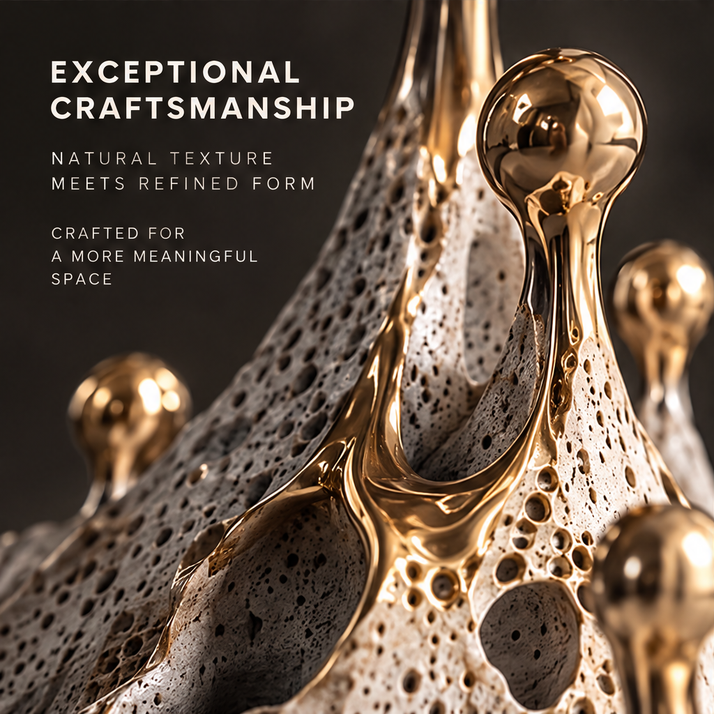 Emotional Landscapes sculpture close-up of polished gold spires emerging from porous stone base — exceptional craftsmanship, natural texture meets refined form