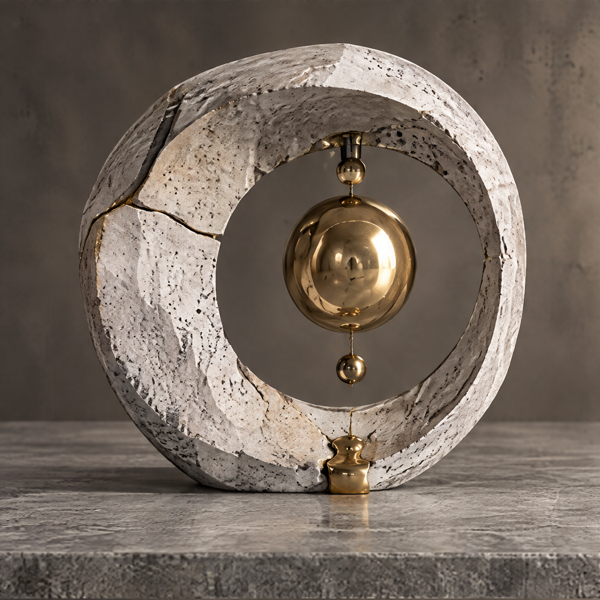 Time Reimagined sculpture on stone surface with stone sphere in background — sculptural presence, modern art for a more meaningful space