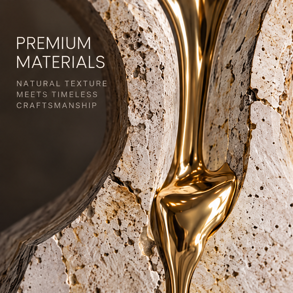 Time Residue close-up of liquid gold flowing through the stone interior channel converging to a drip — premium materials, natural texture meets timeless craftsmanship