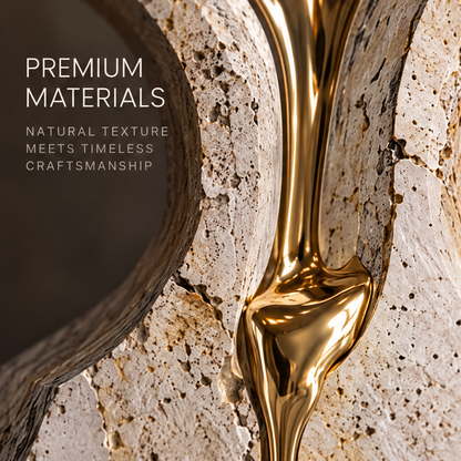 Time Residue close-up of liquid gold flowing through the stone interior channel converging to a drip — premium materials, natural texture meets timeless craftsmanship