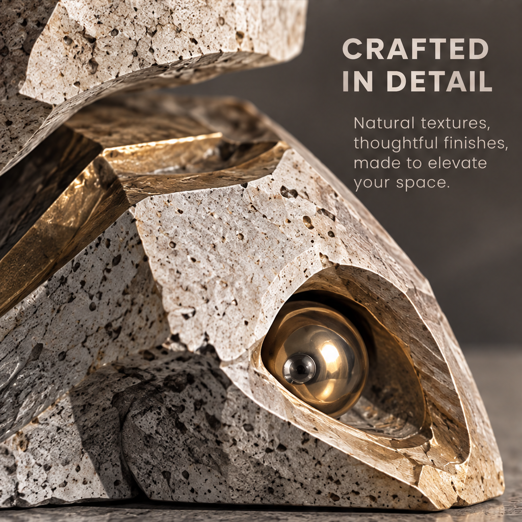 Nature in Balance sculpture against dark background — raw stone meets refined design, fracture becomes harmony