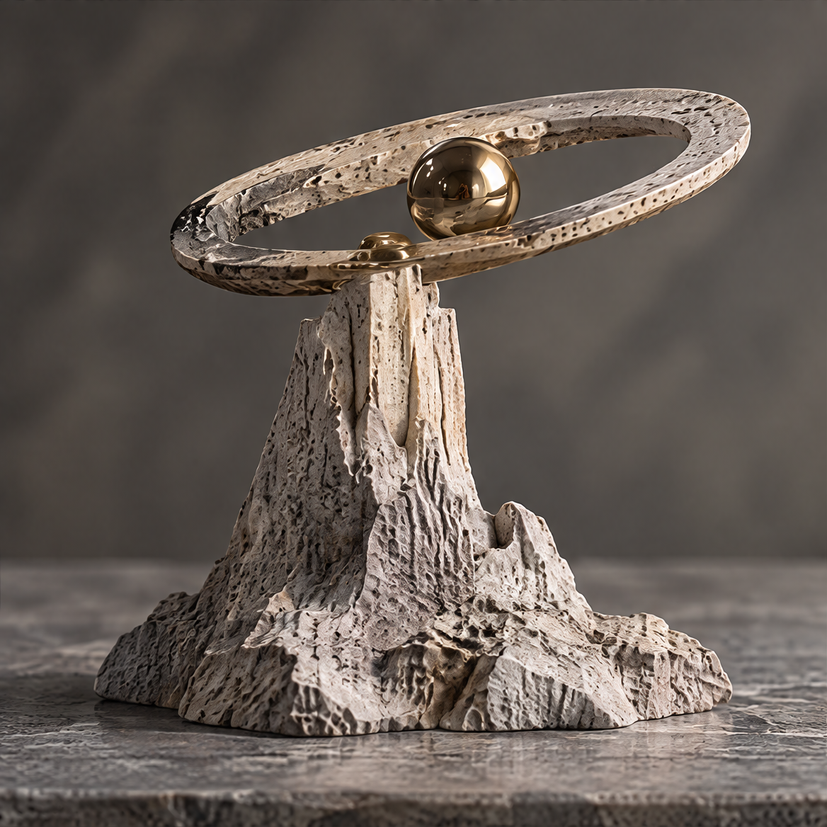 Sculpt Emotions in Space orbital ring stone sculpture side 45-degree view — stone mountain peak with textured orbital ring and two gold-tone spheres