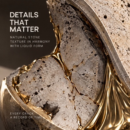 Time Residue sculpture low-angle view showing gold liquid base pooling on stone surface — a timeless presence, more than decor, a lasting statement