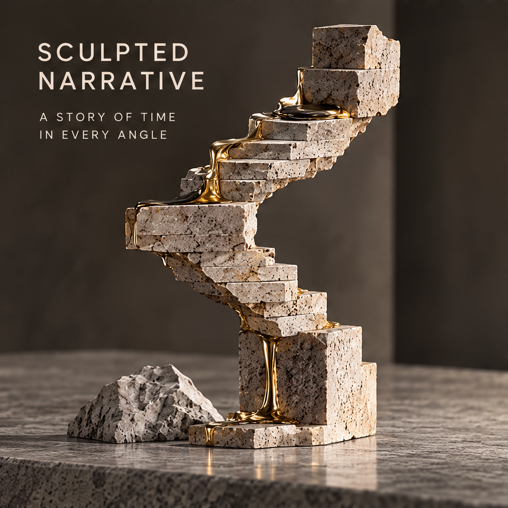 Traces of Time sculpture opposite angle — sculpted narrative, a story of time in every angle