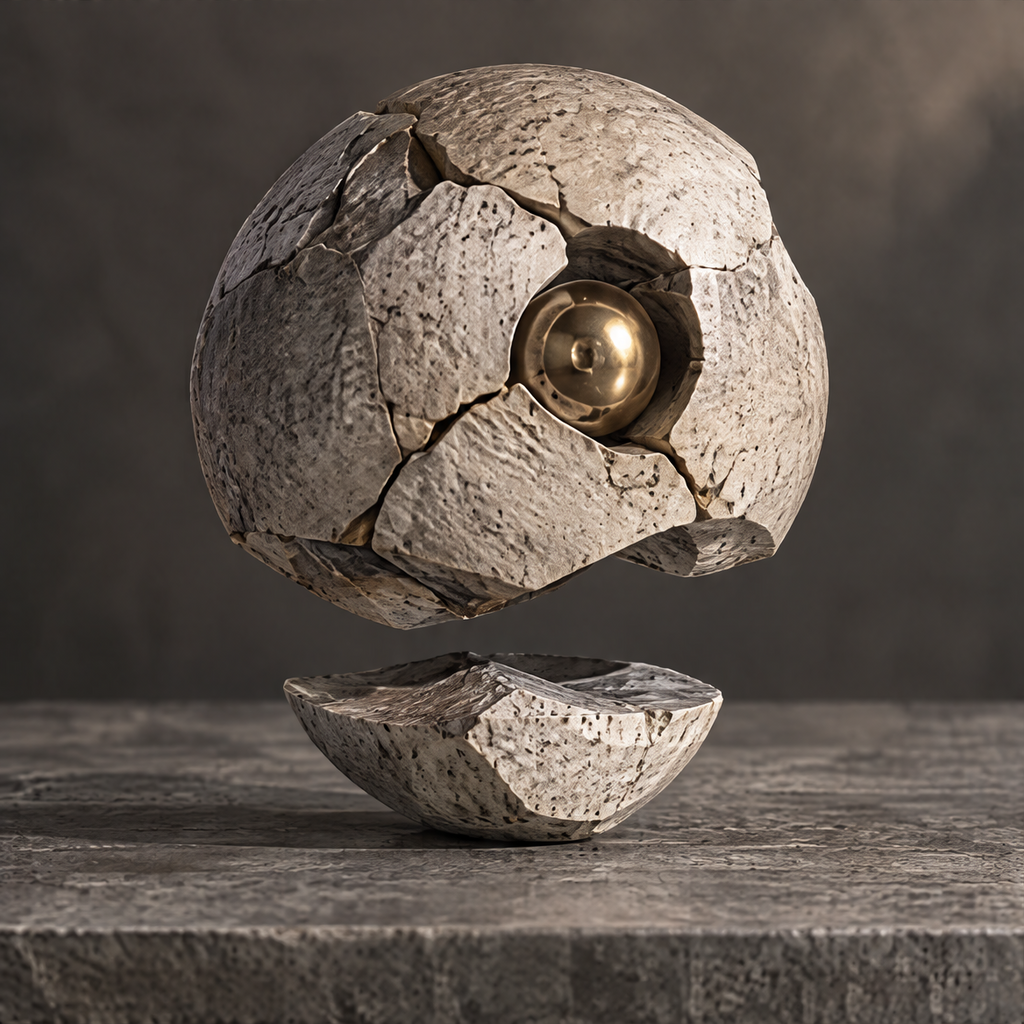 Raw Matter Refined cracked sphere sculpture full product view on neutral background — abstract stone sculpture with open-form composition