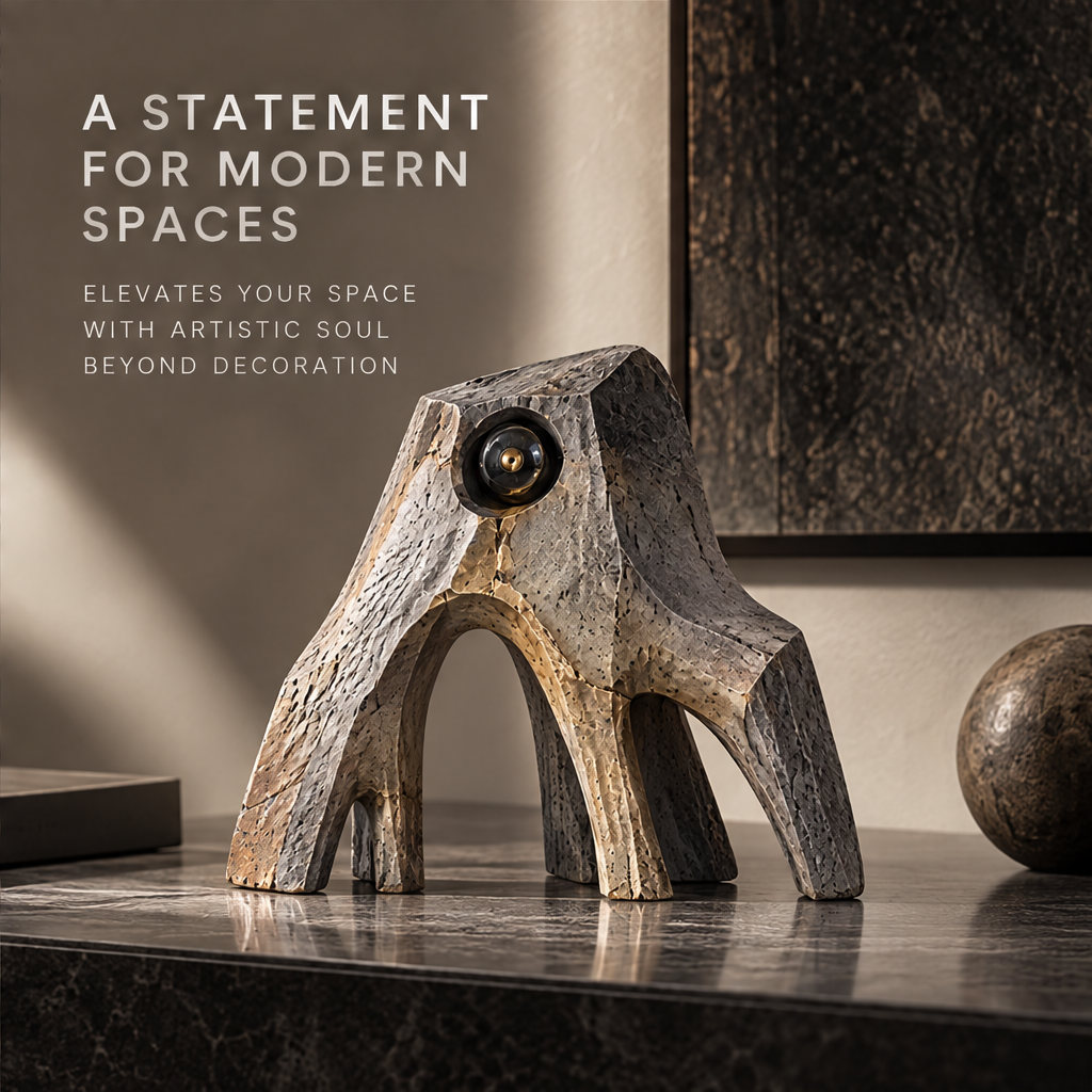 Earth Creature arch-form sculpture displayed on a dark marble console beside a stone sphere and framed artwork — a statement for modern spaces