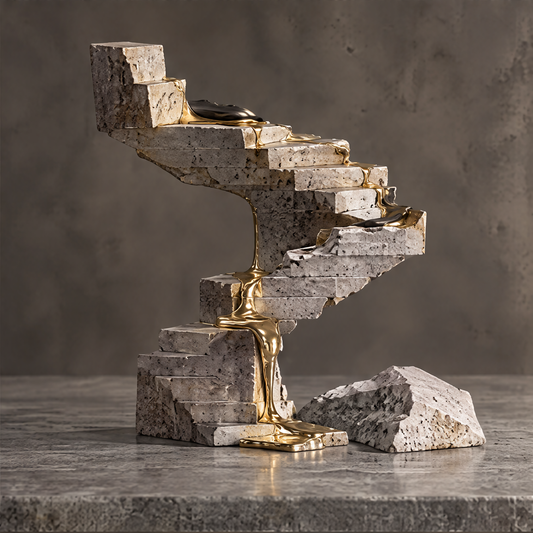 Traces of Time sculpture on black marble console beside dark ceramic bowl and abstract wall art — timeless presence, elevates any space with meaning